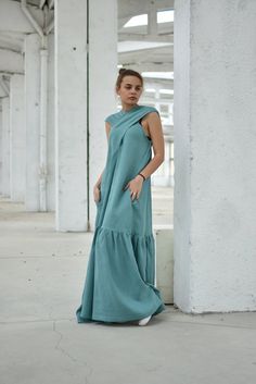 "Linen Maxi Dress, Summer Kaftan Dress, Linen Clothing For Women ◈ Stylish and chic fashion is our shared dream! You can be sure that this piece is made with a lot of love and craftsmanship. ◈ S I Z I N G ◈ Dress Length - 150 cm This item is available from XS to 4XL. Please, have a look at my Size Chart below before placing your order. ◈ D E L I V E R Y ◈ This item will be shipped in up to 5 days after your order was placed. We use Express worldwide shipping for all of our items. Shipping usuall Light Blue Bohemian Dress For Wedding, Turquoise Floor-length Summer Dress, Light Blue Bohemian Wedding Dress, Light Blue Sleeveless Summer Gown, Turquoise Floor-length Dress For Wedding, Turquoise Floor-length Wedding Dress, Light Blue Floor-length Summer Gown, Linen Maxi Dress Summer, Loose Long Dress