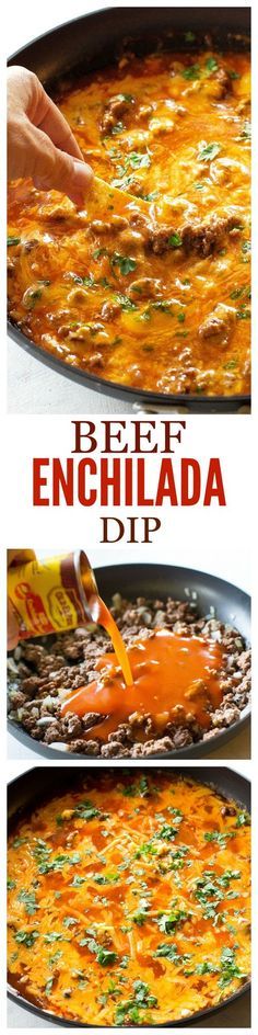 beer enchilada dip is being poured into a skillet