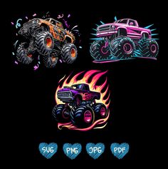 three monster trucks with flames and hearts on the front, one in pink and one in blue