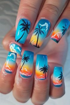 Palm Tree Nail Designs Beach, Palm Tree Nails Design Summer, Mens Toenails, Palm Tree Nails Design, June Nails Ideas 2024, June Nail Art, Orange Summer Nails, Wavy Nails, Palm Tree Nail Art