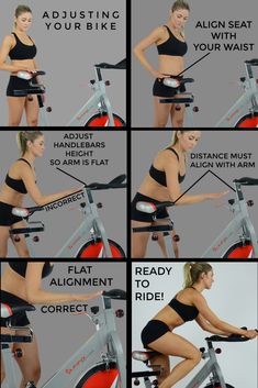 a woman is riding an exercise bike with instructions on how to use the stationary bicycle