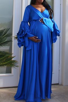 Petal Gown God Bharai, Maternity Outfits For Photoshoot, Blue Baby Shower Dress, Maternity Occasion Wear, Petal Gown, Pregnant Dresses, Job Photo, Baby Shower Gown, Beautiful Maternity Dresses