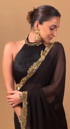 Black And Golden Saree, Golden Saree, Kiara Advani, A Woman, Saree, Gold, Black