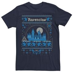 a dark blue t - shirt with the hogwarts on it and an image of hog