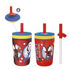 two children's cups with lids and handles, one has spiderman on it