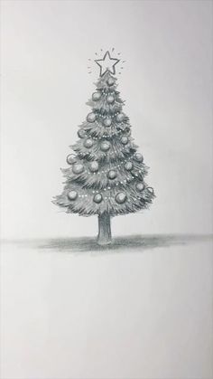 a drawing of a christmas tree with balls and stars on it's top is shown