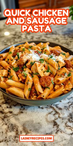 a bowl filled with pasta and sauce on top of a counter