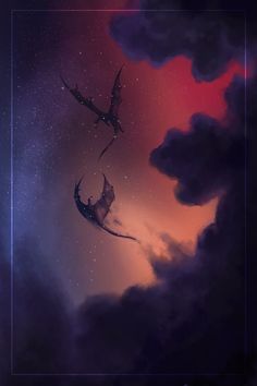 two dragon like creatures flying through the night sky with stars and clouds in the background