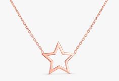 14k Gold Star Necklace / Cut Out Star Necklace / Celestial / Dainty Chain / Layering Gold Necklace / Solid Gold / Rose, White, Yellow Gold ✔ Handmade ✔ Solid Gold ✔ Dimensions of Star: 12.5 mm (half of an inch) Available 14K Solid White, Solid Yellow, Solid Rose Gold Worldwide DHL shipping now available 1-3 business days NOW USING ITALIAN TRIGGER LOBSTER CLASPS 🛠 All Sarah Elise pieces are handcrafted to order, please allow 4 - 10 business days for shipping out. Need it sooner? Just ask and we Rose Gold Star Necklace In Sterling Silver, Rose Gold Sterling Silver Star Necklace, Minimalist Yellow Gold Star Necklace, Delicate Yellow Gold Star Necklace, Gold Plated Star-shaped Necklaces, Gold Star-shaped Diamond Necklace Gift, Delicate Star-shaped Yellow Gold Necklace, Gold Star Necklace, Chain Layering