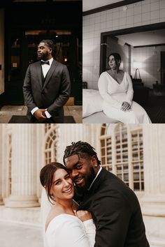 two different shots of a man and woman in formal wear posing for the camera with their arms around each other