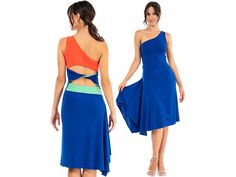 Tango dance dress, Latin practice dress, Electric blue dress with open back, One off shoulder dress with twisted keyhole back, Salsa dress Electric Blue One Shoulder Dress With Twisted Back And Side Draping If you are looking for a unique tango design, this one-shoulder dance dress is made for you. It's crafted from an electric blue stretch jersey and features coral and bright green parts at the back. The whole upper part is lined to provide full coverage. The back of the dress features a twiste One Off Shoulder Dress, Electric Blue Dress, Tango Dance Dress, Electric Blue Dresses, Argentine Tango Dress, Salsa Dress, Tango Dance, Tango Dress, Deodorant Stains