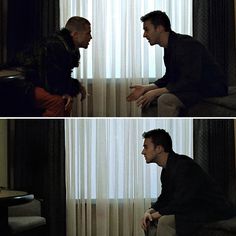 two images of a man sitting on a couch talking to another man in front of a window