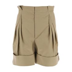 Maison Margiela chino shorts in cotton blend twill with wide leg silhouette, high waist, large cuffs, and draped details. Four Stitches branding. Model is 5'8 and wears size M. Leather Culottes, Lime Green Shorts, Seersucker Pants, Nike Tennis Dress, Embellished Denim, Cotton Chinos, Green Shorts, Pleated Mini Skirt, Chino Shorts