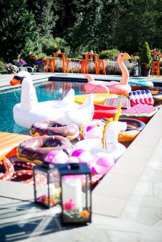 an inflatable swan and flamingo float are on display by the swimming pool