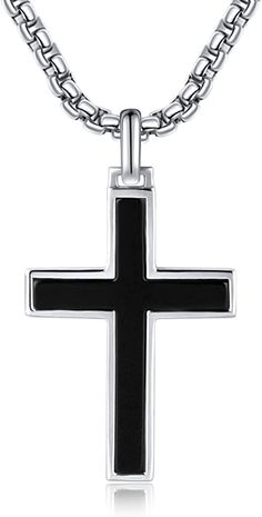 Wear your faith proudly with this men's cross necklace. This beautiful statement piece is crafted in sterling silver with 14k white gold plating and sits on a sturdy 24-inch gold plated stainless steel chain. Gift this bold black cross pendant to him and showcases your faith and belief. Discover all our sleek 925 silver jewelry for men and find a gift for him HERE Made with white gold plated 925 sterling silver. Color: White Dimension: 38 x 25 x 3 mm Length: 60 cm/ 23.6 Inches Chain: 60cm/ 24 In Black Sterling Silver Jewelry For Father's Day, Black Stainless Steel Cross Jewelry, Black Cross Pendant Jewelry For Father's Day, Father's Day Black Sterling Silver Necklace, Black Sterling Silver Cross Necklace, Black Sterling Silver Crucifix Jewelry, Black Stainless Steel Cross Pendant Jewelry, Black Sterling Silver Cross Jewelry, Black Sterling Silver Cross Pendant Necklace