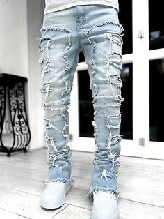 Tassels Straight Fit Jeans Men's Casual Medium Stretch Street Style Denim Pants  | eBay Mens Ripped Jeans Outfits, Holey Jeans Outfit, Drippy Outfits Men, Mens Blue Pants, Boyfriend Outfits, 2025 Outfits, Mens Ripped Jeans, Holey Jeans, Stacked Jeans