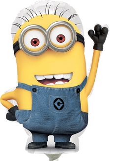 a yellow and black minion with big eyes holding his hands up in the air