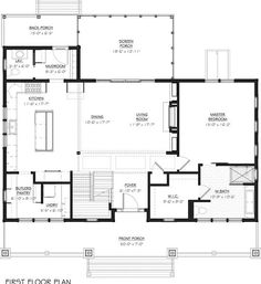 the first floor plan for a house with an attached garage and living room, as well as