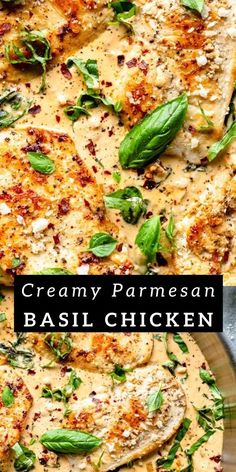 two pictures of different types of food with the title overlay reading creamy parmesan basil chicken