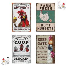 four farm signs with roosters and chickens on them