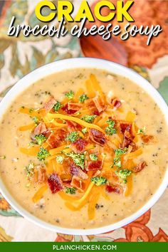 a white bowl filled with broccoli cheese soup and topped with crumbled bacon