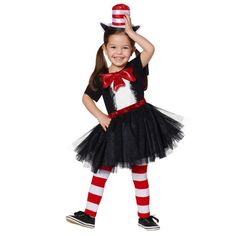 PRICES MAY VARY. When trying to decide between two sizes, choose the larger size for a better fit. You’ll love seeing your little once embracing their whacky and whimsical side when they suit up in this officially licensed Cat in the Hat costume! This costume includes a dress with an attached tail, footless tights, and a headband. It’s made from polyester, cotton, and spandex materials with a Velcro closure. Take extra caution when cleaning this product to avoid wear and tear. Always be sure to Spot Costume Book Week, Cat In The Hat Costume, Book Characters Dress Up, Peach Costume, Hat Cosplay, Character Dress Up, Book Character Costumes, Baby Costumes Girl, Storybook Characters