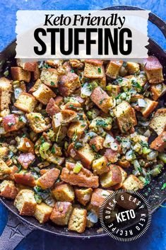 keto friendly stuffing in a cast iron skillet on a blue background with the title overlay