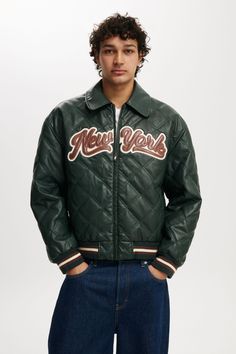 APPLIQUE BOMBER JACKET Green Quilted Outerwear For Streetwear, Casual Green Leather Jacket For Streetwear, Green Leather Streetwear Jacket With Long Sleeves, Green Leather Jacket For Streetwear With Long Sleeves, Green Leather Jacket For Streetwear, Casual Quilted Leather Jacket For Spring, Retro Spring Outerwear With Ribbed Cuffs, Long Sleeve And Shorts, Relaxed Jeans