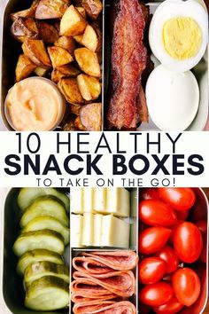 healthy snack boxes filled with different types of food, including eggs, bacon, tomatoes and cucumbers