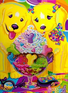 two yellow dogs standing next to each other in front of a bowl of ice cream