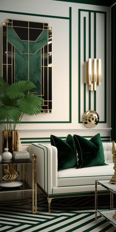 a room with green walls and black and white checkered flooring, gold framed art on the wall