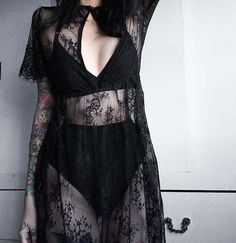 Moclath Gothic Lace, Sheer Lace Dress, Style Gothic, Lace Kimono, Grunge Goth, Goth Outfits, Gothic Style, Lace Maxi, Dark Fashion