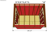 an image of a red shed with measurements for the roof and side walls, including the floor