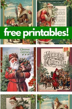 four christmas cards with santa claus and other holiday greetings on them, including the words free printables