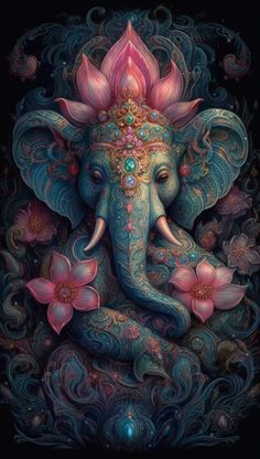 an elephant with flowers on its head