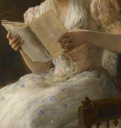 a painting of a woman in white dress reading a book with her right hand on top of the book