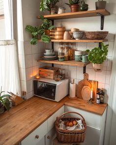 a kitchen with shelves filled with plants and other items on top of the countertop