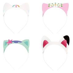 three cat ears with bows are shown in four different colors and sizes, one is pink, the other is green