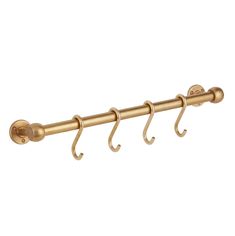 three brass hooks are attached to the side of a wall mounted coat rack with two umbrellas