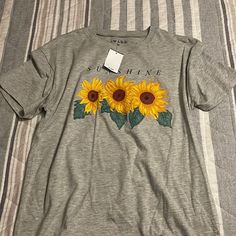 Never Worn. Perfect Condition. Gray Floral Print Summer Tops, Summer Gray Floral Print Tops, Gray Floral Print Tops For Summer, Casual Gray Tops With Floral Print, Casual Gray Floral Print Tops, Trendy Gray Spring Shirt, Spring Sunflower Design Top With Short Sleeves, Spring Sunflower Design Short Sleeve Top, Spring Gray Shirt With Graphic Print