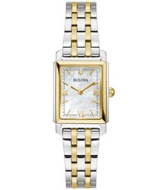 From Bulova&#x2C; this Women's Sutton Quartz Analog Two Tone Stainless Steel Bracelet Watch features:Mother-of-pearl dialApprox. 21mm rectangular caseWater resistant up to 30 metersQuartz analog movementTwo-tone stainless steel five-link braceletDeployant clasp with push buttonsImported. Bulova Watches, Skagen, Two Tone Watch, Women's Watch, White Dial, Stainless Steel Watch, Minerals Crystals, Steel Bracelet, Stainless Steel Bracelet