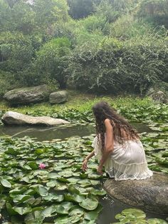 a woman sitting on top of a rock in a pond filled with water lilies