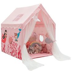 The design inspiration of the playhouse tent is to give the children a lovely and unforgettable childhood. Every child is a princess or a little prince. This kids play tent  will undoubtedly bring them a good feeling. Let her rule her playhouse and feel the pride of being a true prince or princess. The upgraded bottom tube and connector as a flat threshold,making it easier for your kids to get in and out and not trip over. Cartoon printed look and roomy play space make this adorable play tent lo Small Playhouse, Playhouse Tent, Indoor Playhouse, Kids Play Tent, Long Curtains, Kids Imagination, Kids Playhouse, Play Space, Play Tent