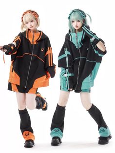 ❤︎Sporty Cyber Subculture Complete Set❤︎ Orange Cyberpunk Outfit, Blacklight Clothes, Woman Techwear, Dark Harajuku Fashion, Pastel Techwear, Cyberpop Fashion, Cyberpunk Inspired Outfit, Cyberpunk Fits, Colorful Techwear