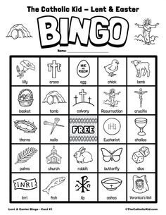 the catholic kid's lent and easter bingo game is shown in black and white