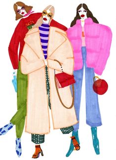 two women in coats are standing next to each other, one is holding a purse