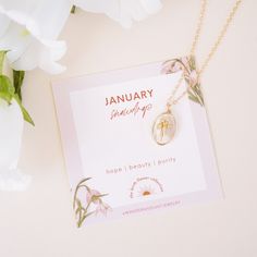 Our January Birth Flower Necklace is a gorgeous addition to our new Birth Flower Necklace Collection! This dainty necklace features a beautiful Snow Drop, the January birth flower, symbolizing love and luck. What do we love about it? The Snow Drop is delicately crafted to showcase its beauty, and the pendant is perfectly sized to be chic yet modern. It's a perfect gift for someone born in January, for a loved one or for anyone who appreciates the beauty and meaning of the Snow Drop flower! ‎ Flo Delicate Birth Flower Charm Necklaces, Dainty Birth Flower Necklace As Gift For Her, Initial Pendant Jewelry With Flower Charm For Gift, Delicate Birthstone Charm Necklace As Gift For Her, Flower Pendant Birthstone Charm Necklace As Gift For Her, Birthstone Flower Pendant Charm Necklace For Her, Flower Pendant Birthstone Charm Necklace For Her, Delicate May Birthstone Jewelry, Delicate May Birthstone Necklaces For Her