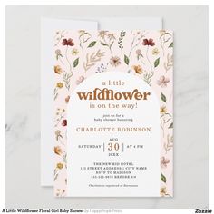 a little wildflower is on the way baby shower or birthday party card with flowers and leaves