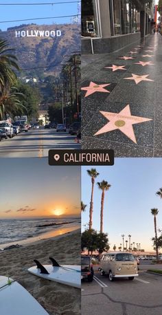 the hollywood walk of fame with surfboards and cars parked on the side of the road