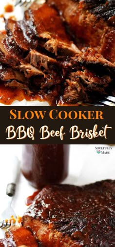 slow cooker beef brisket with bbq sauce on the side and in front